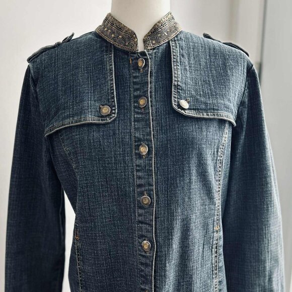 Simon Chang Indigo Embellished Luxe Denim Jacket with Gold Detailing – US 10 - Picture 2 of 13